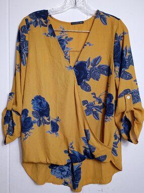 West Kei Mustard Navy Blue Floral Rose Semi Sheer Top Whimsigoth Shirt Womens M